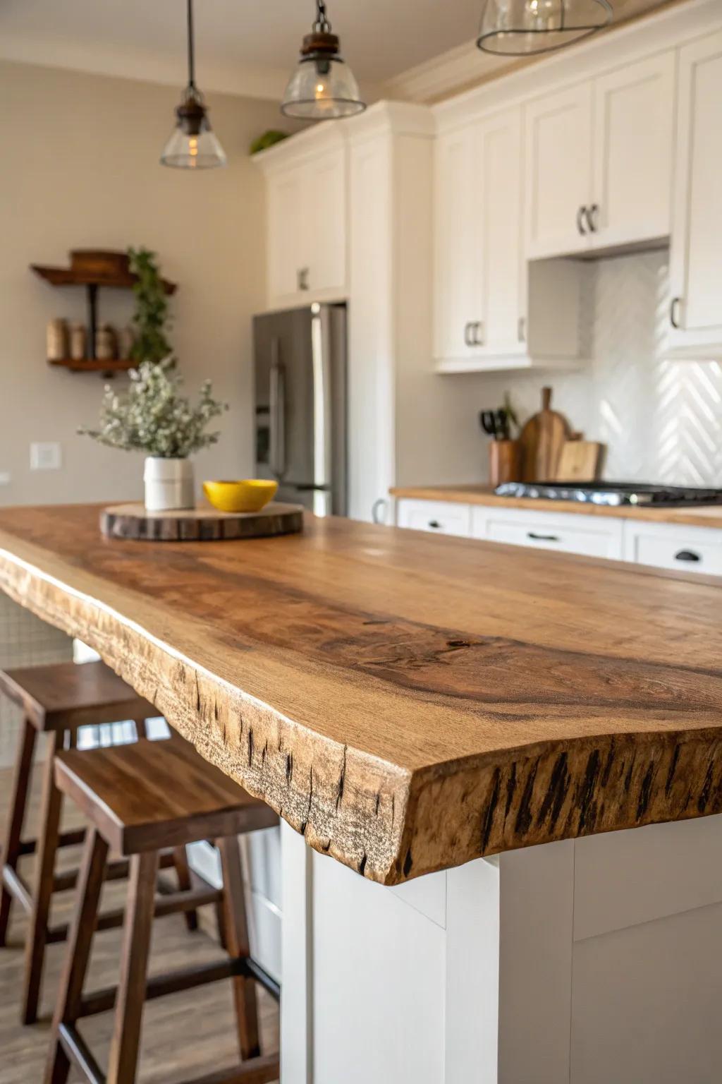 A smooth live edge slab bar top—organic curves, warm grain, and minimalist calm.