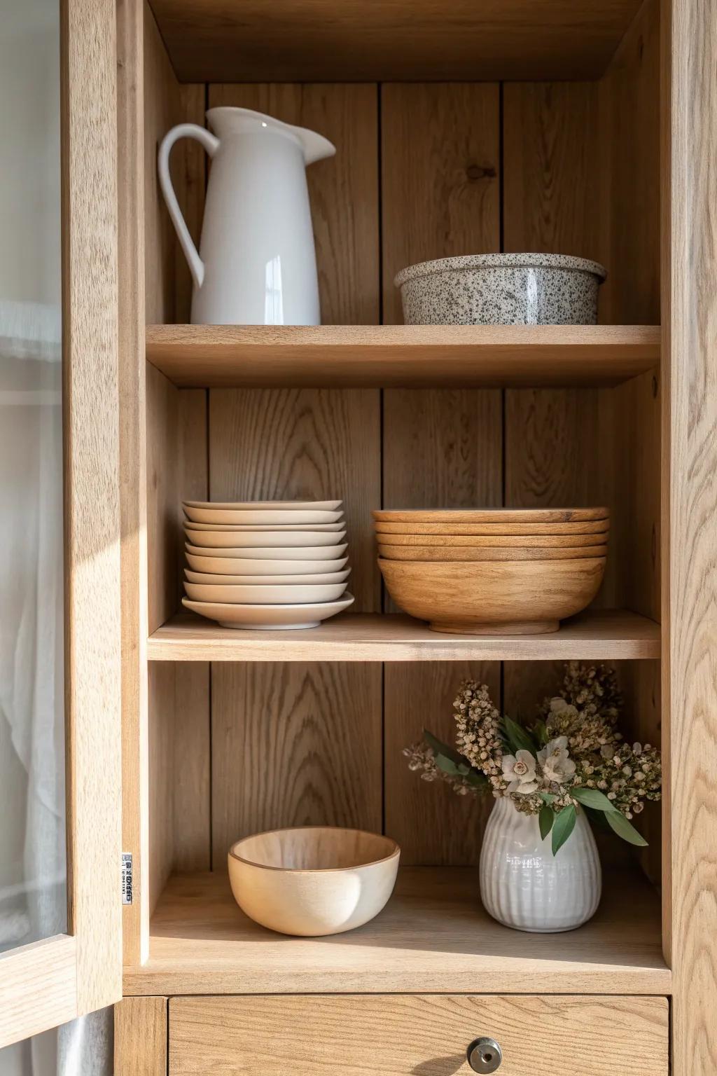 Balanced symmetry: a tall pitcher and stacked bowls make every cabinet shelf feel calm.