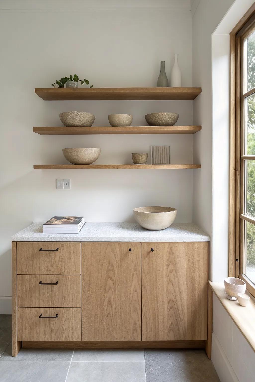 Open wood shelves above sleek lower cabinets—airy counters with hidden storage for small kitchens.