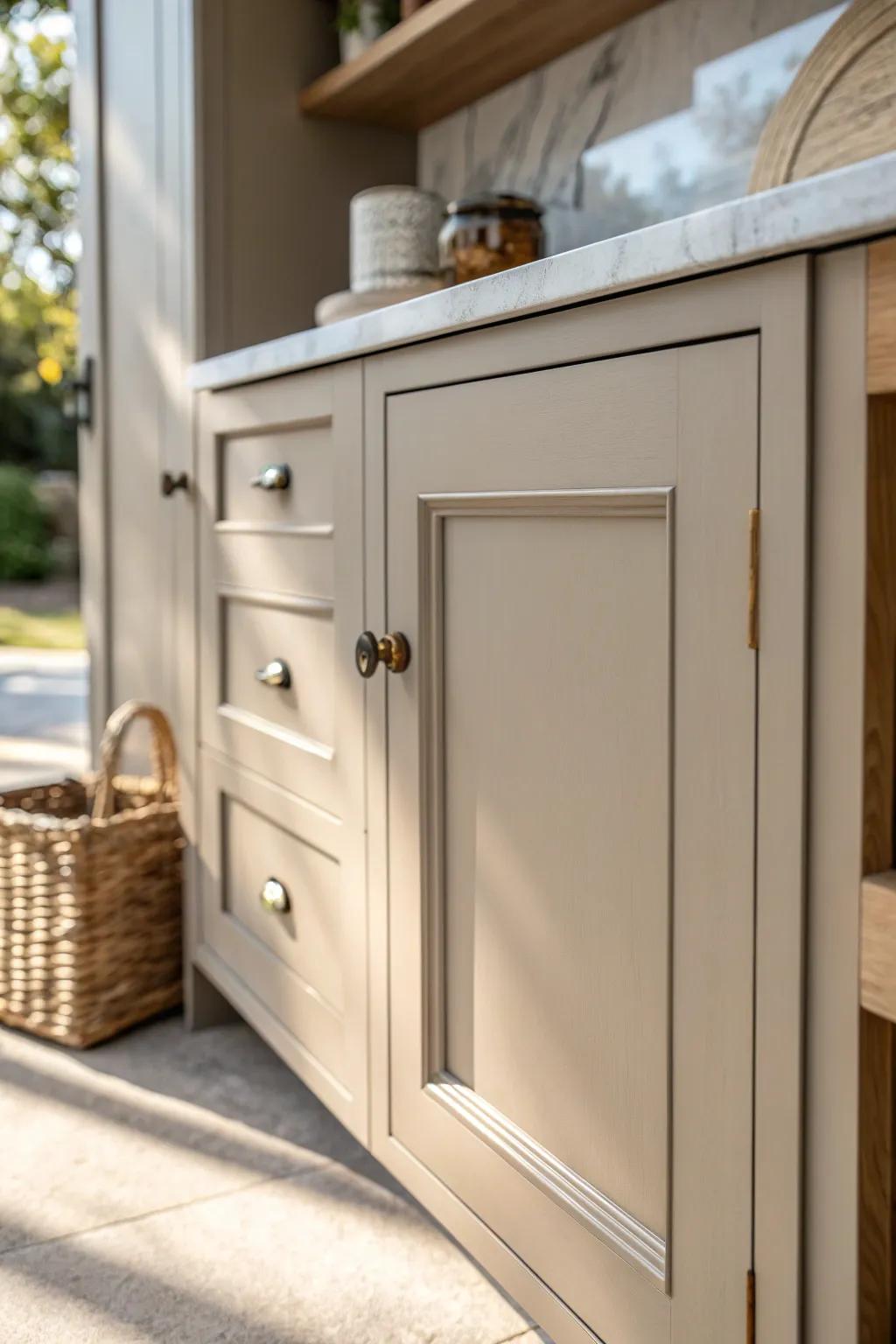 Mushroom taupe shaker cabinets—cozy, grounded, and perfect with walnut shelves and creamy tops.