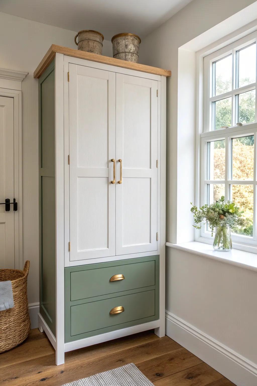 Two-tone cabinets: bright white uppers with moody colored lowers for effortless depth.
