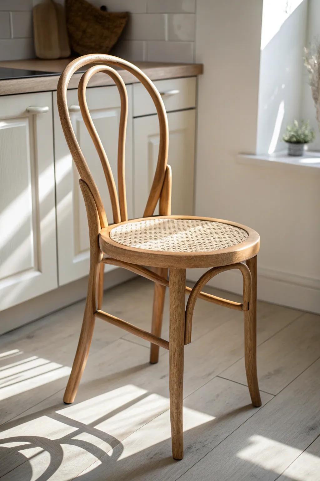 Airy bentwood curves that tuck in neatly—perfect for small kitchens without visual clutter.