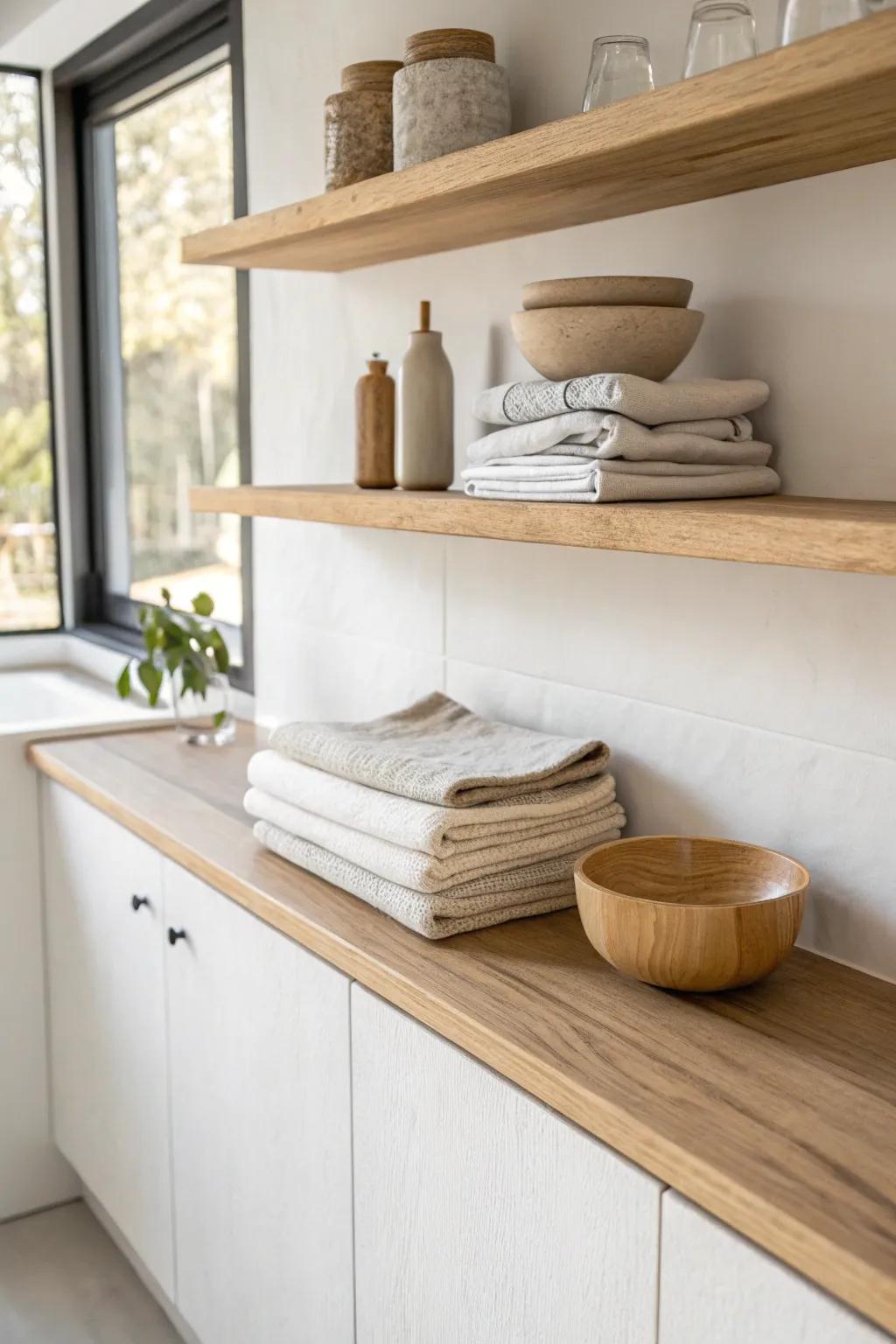 A long, slim oak wall shelf above the counter—airy storage with clean Scandinavian warmth.