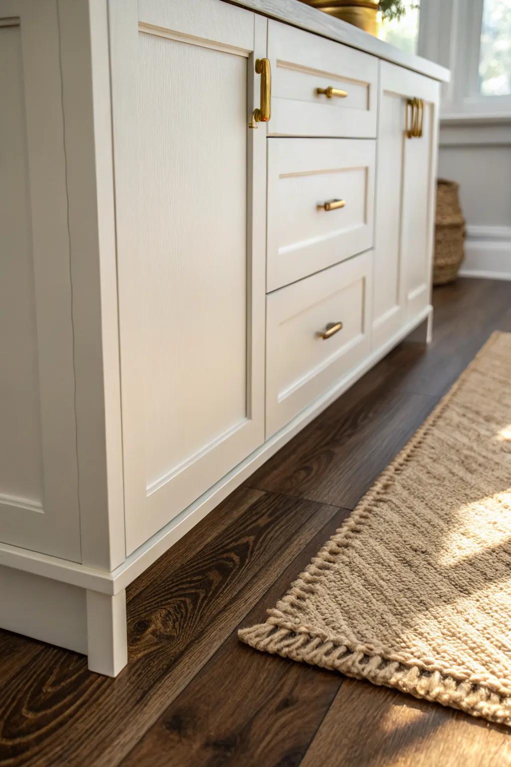 Cream cabinets over espresso floors: warm, inviting contrast that feels softer than bright white.