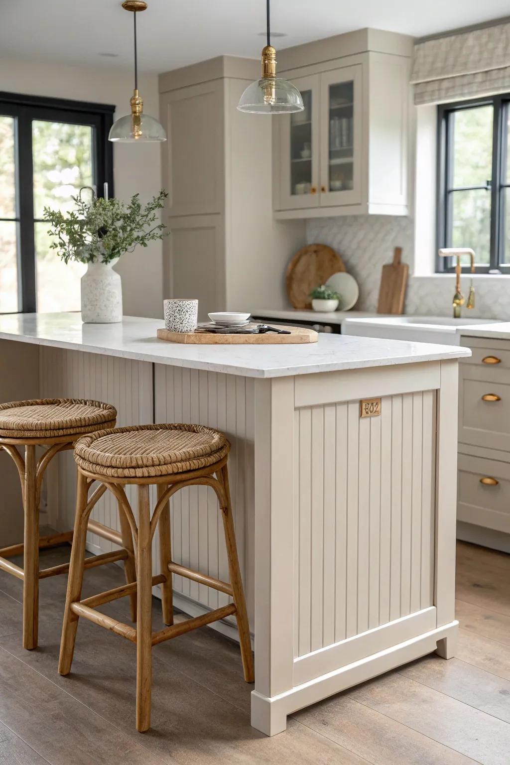 Creamy off‑white island warms up dark cabinets—soft contrast with brass and oak accents.