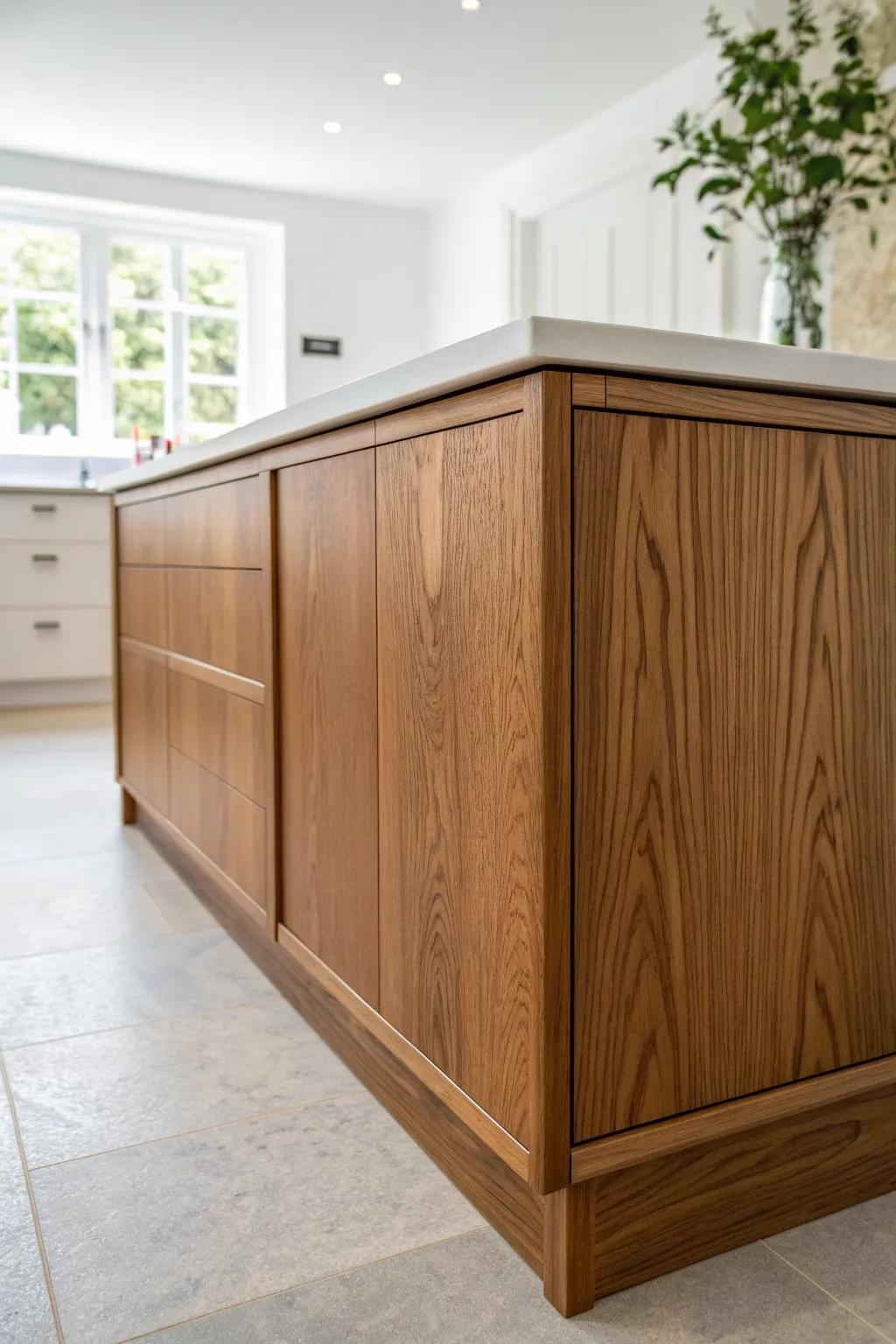 Warm stained wood island front—natural grain and a durable clear coat for everyday beauty.