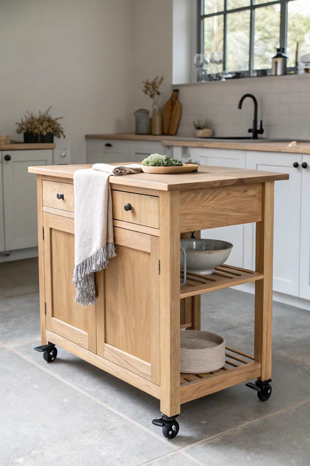 Drop-leaf island on wheels—extra counter space when you need it, clear floor when you don’t.