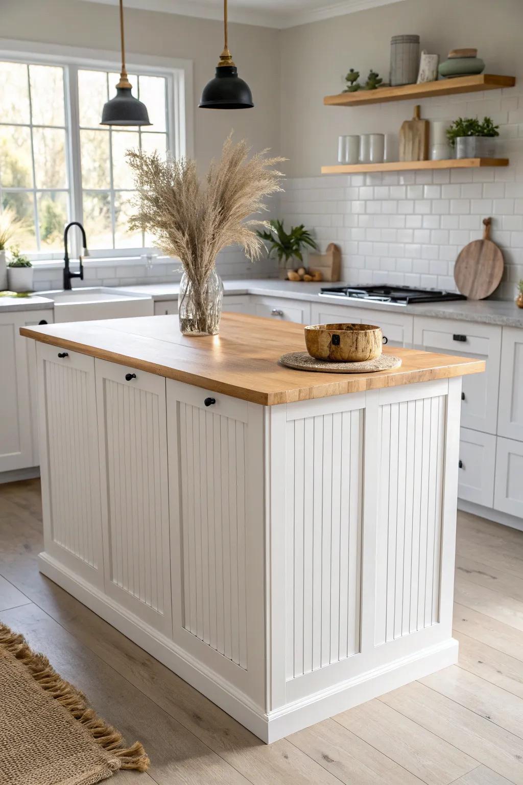 Beadboard island wrap: cottage charm that hides scuffs, stays crisp, and feels beautifully handmade.