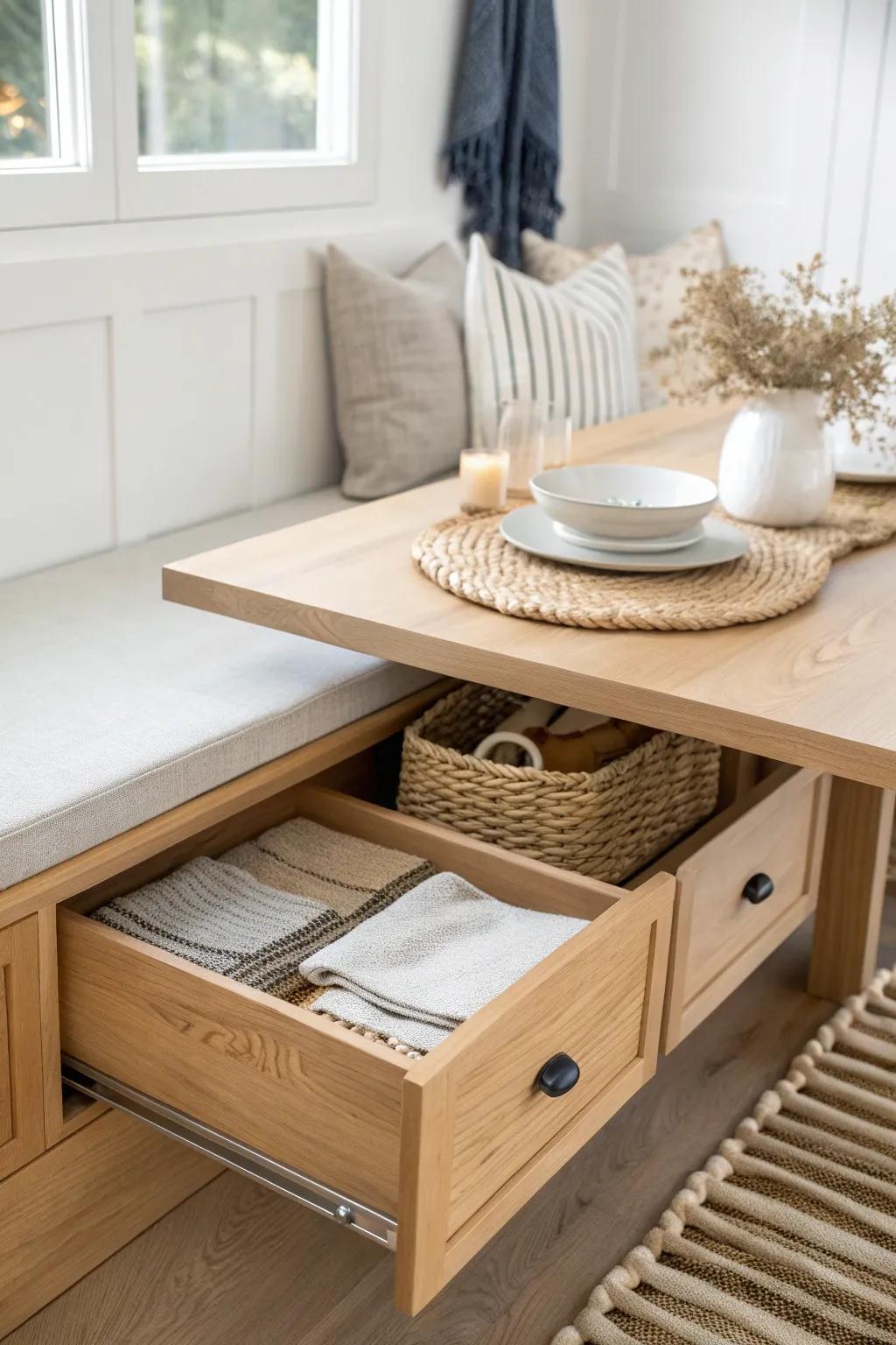 Under-bench drawers that glide out smoothly—easy-grab storage for a hard-working breakfast nook.
