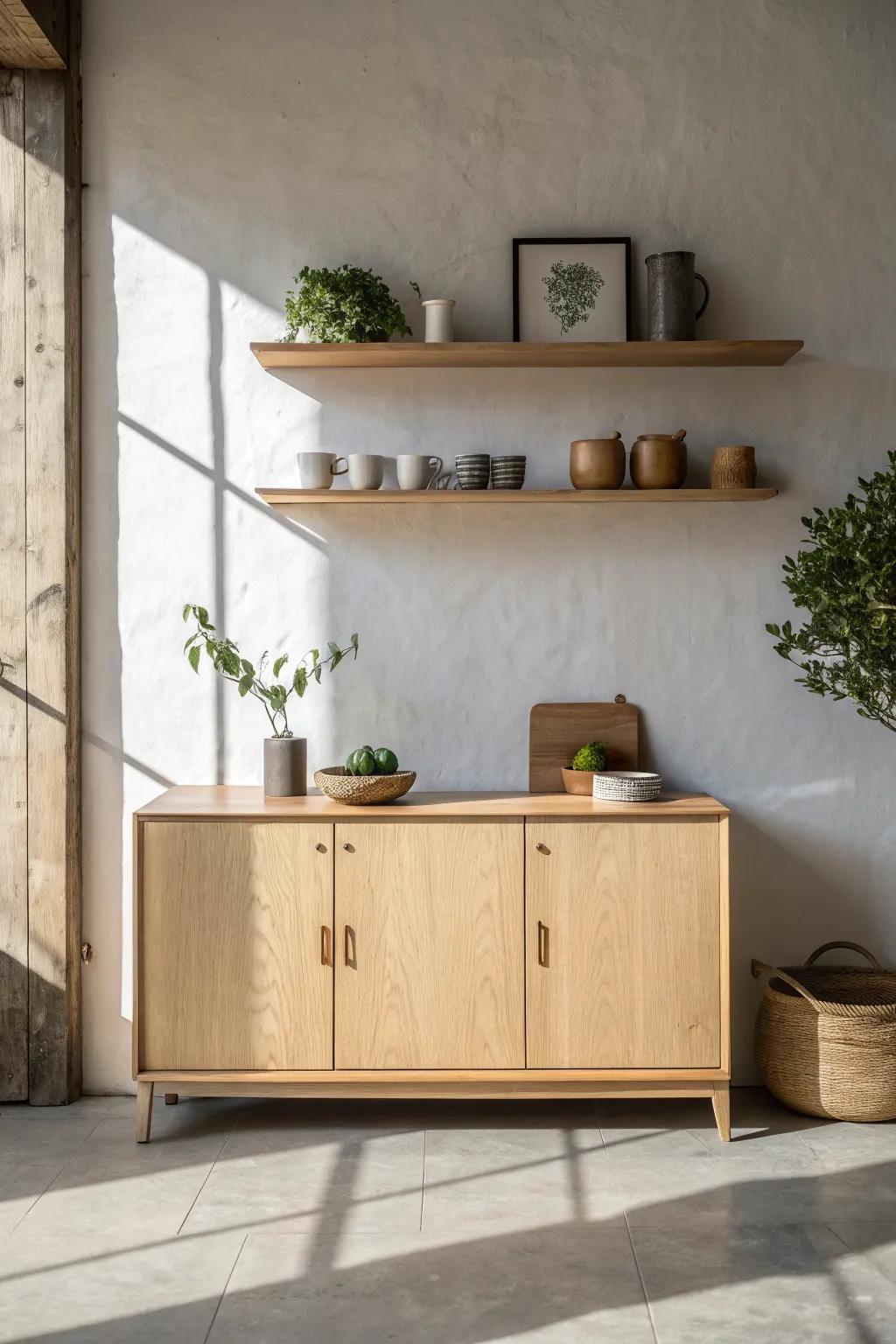 Floating reclaimed shelves above a warm oak sideboard—simple styling that makes the wall feel finished.