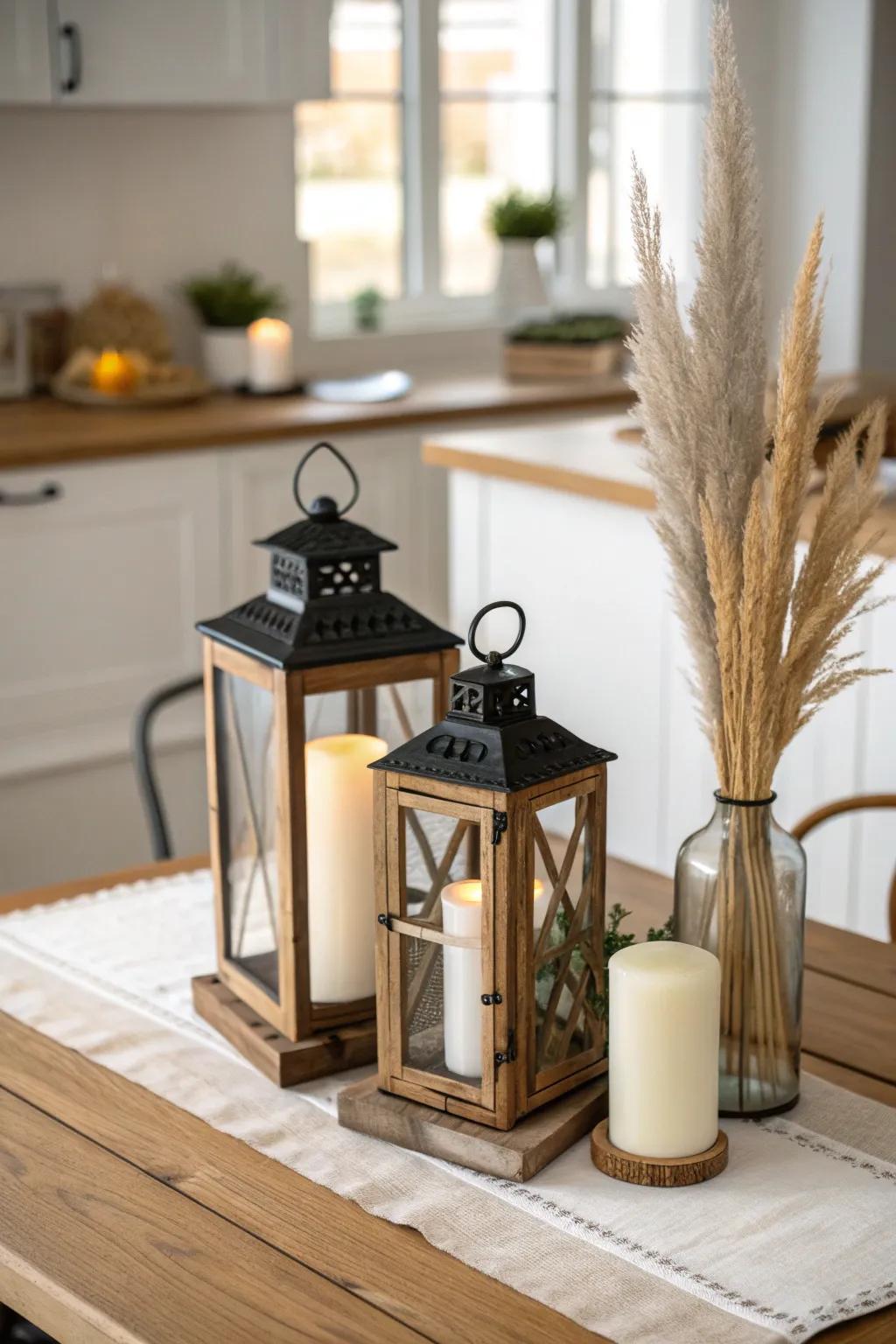 Cozy low lantern cluster: wood + matte metal with pillar candles for calm weeknight glow.