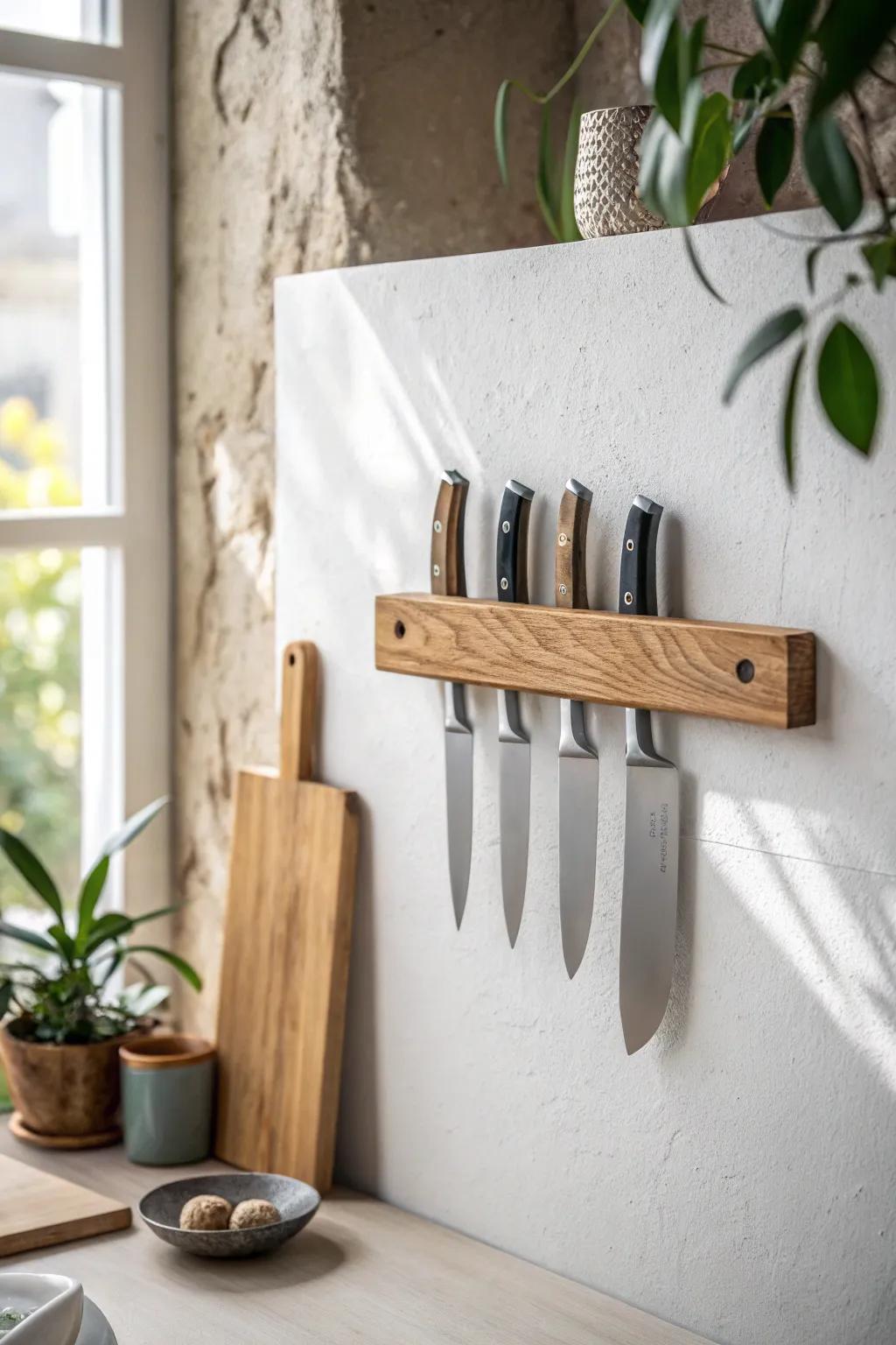 Oak magnetic strip keeps knives and tools tidy—clean wall storage with warm, handmade style.