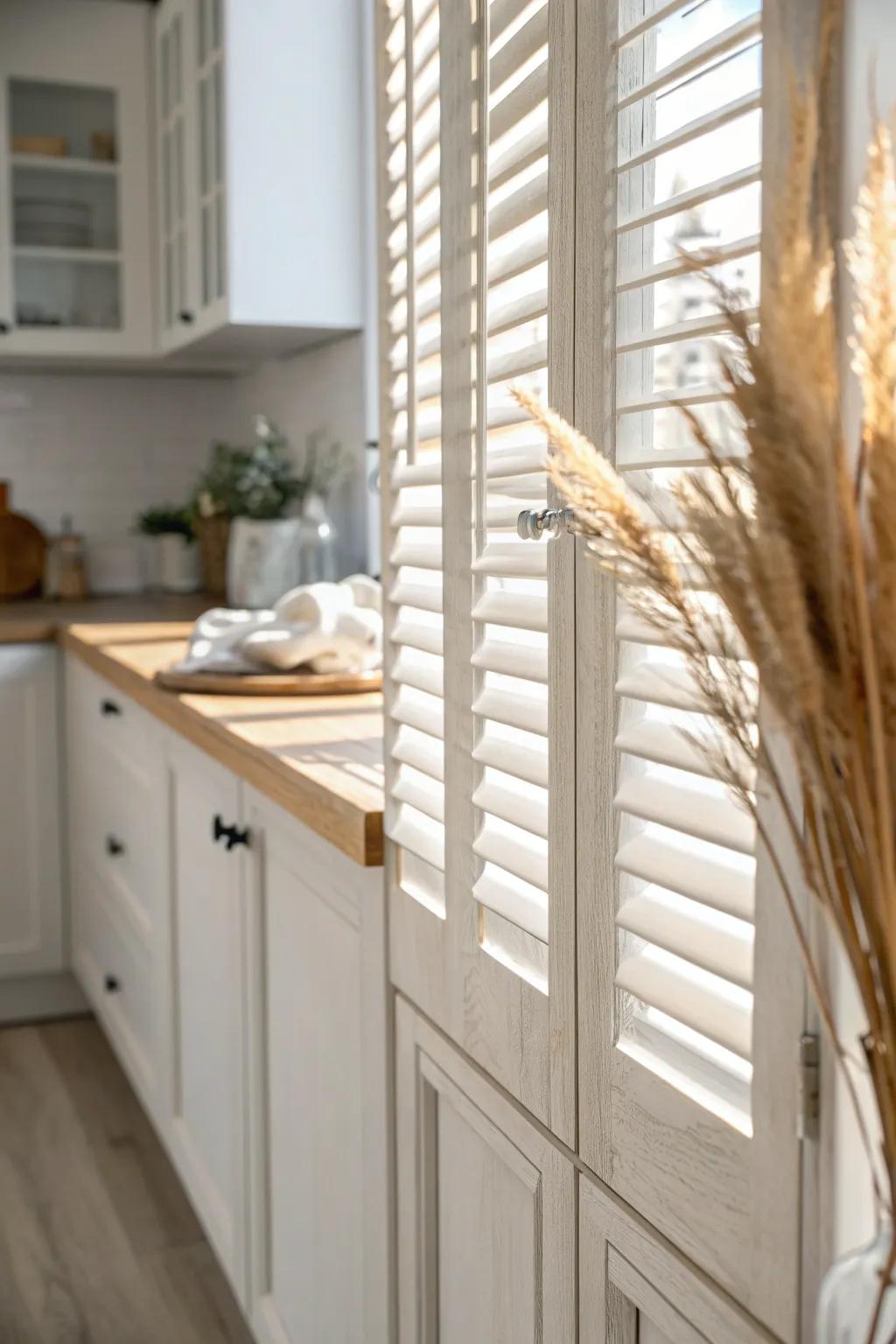 Crisp warm-white shutters that match the cabinets—bright, calming, and beautifully minimal.