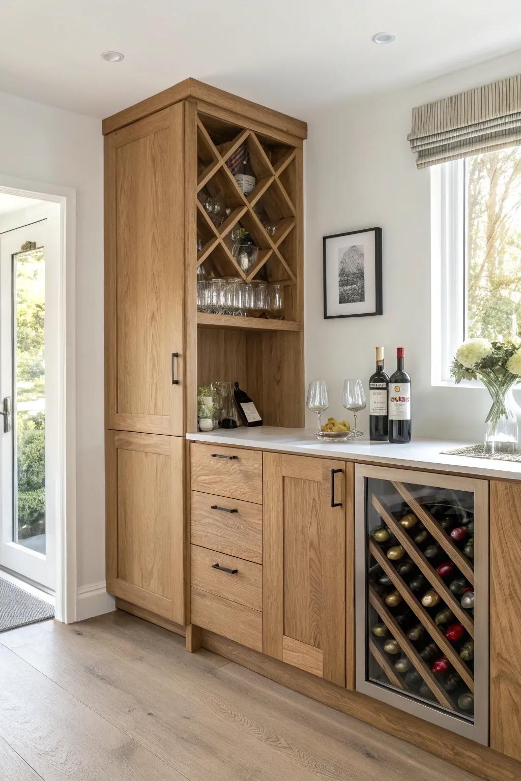 Turn a dead corner into a chic L-shaped wine bar with warm oak cabinets and vertical storage.