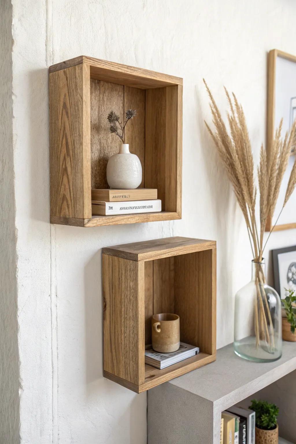 Mixed-size wooden wall cubes bring instant structure and turn tiny finds into a calm display.