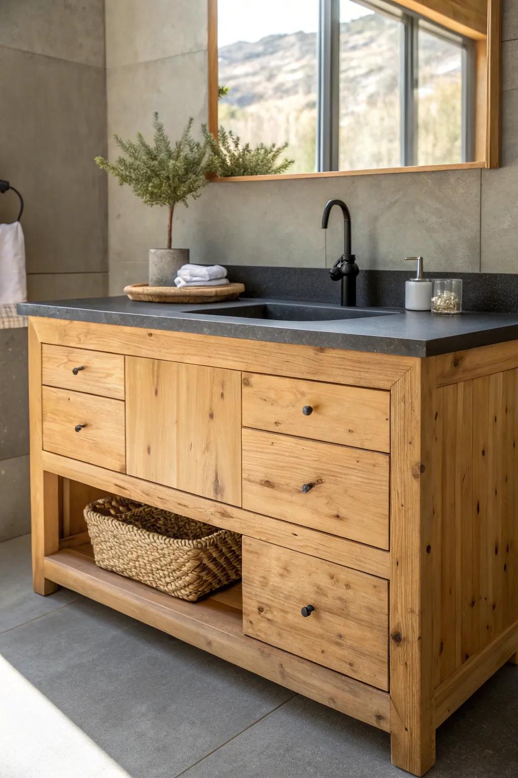 Dark charcoal countertop + knotty pine vanity: a warm rustic contrast with clean Scandinavian calm.