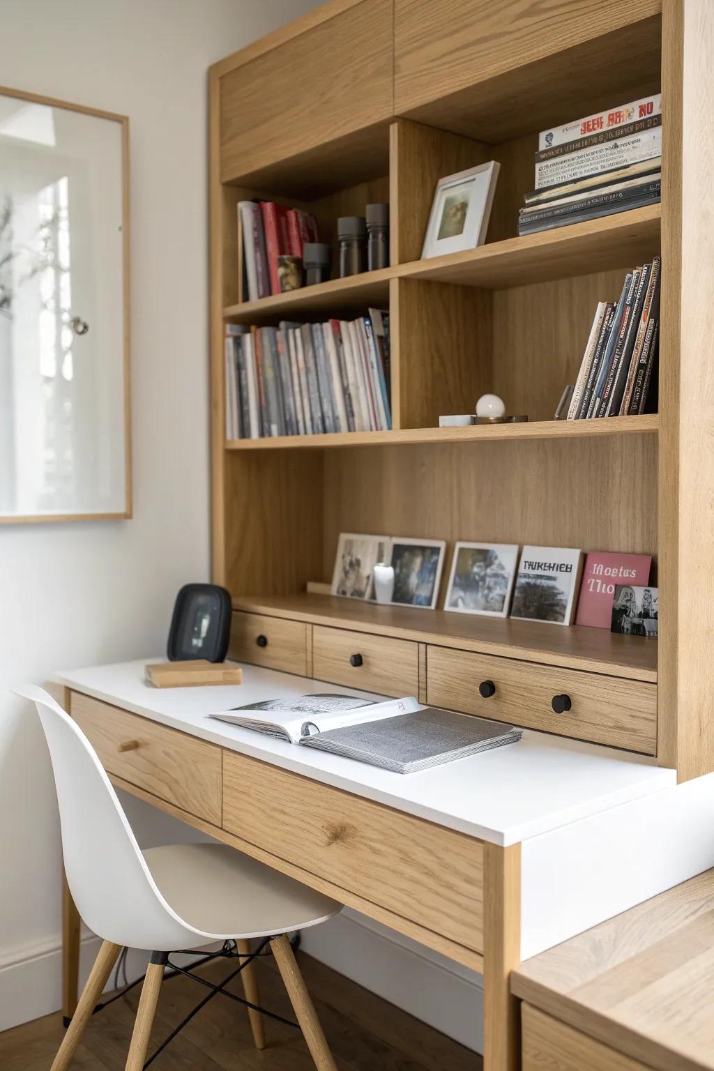 A light oak desk hutch shelf that keeps K‑pop albums and photocards tidy in your study nook.