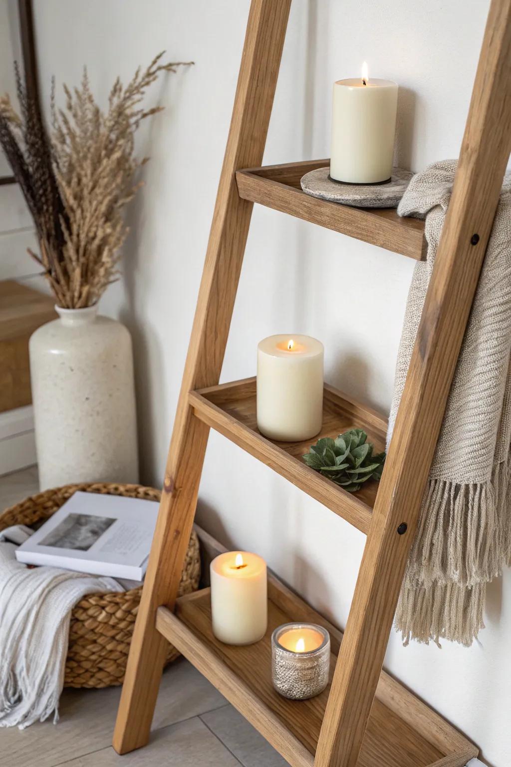 Warm candlelight + one cozy linen layer turns a ladder shelf into a calm, inviting nook.