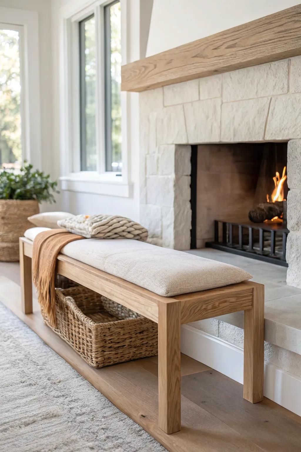 A wide oak hearth bench turns the lake house fireplace into cozy, extra seating for long nights.