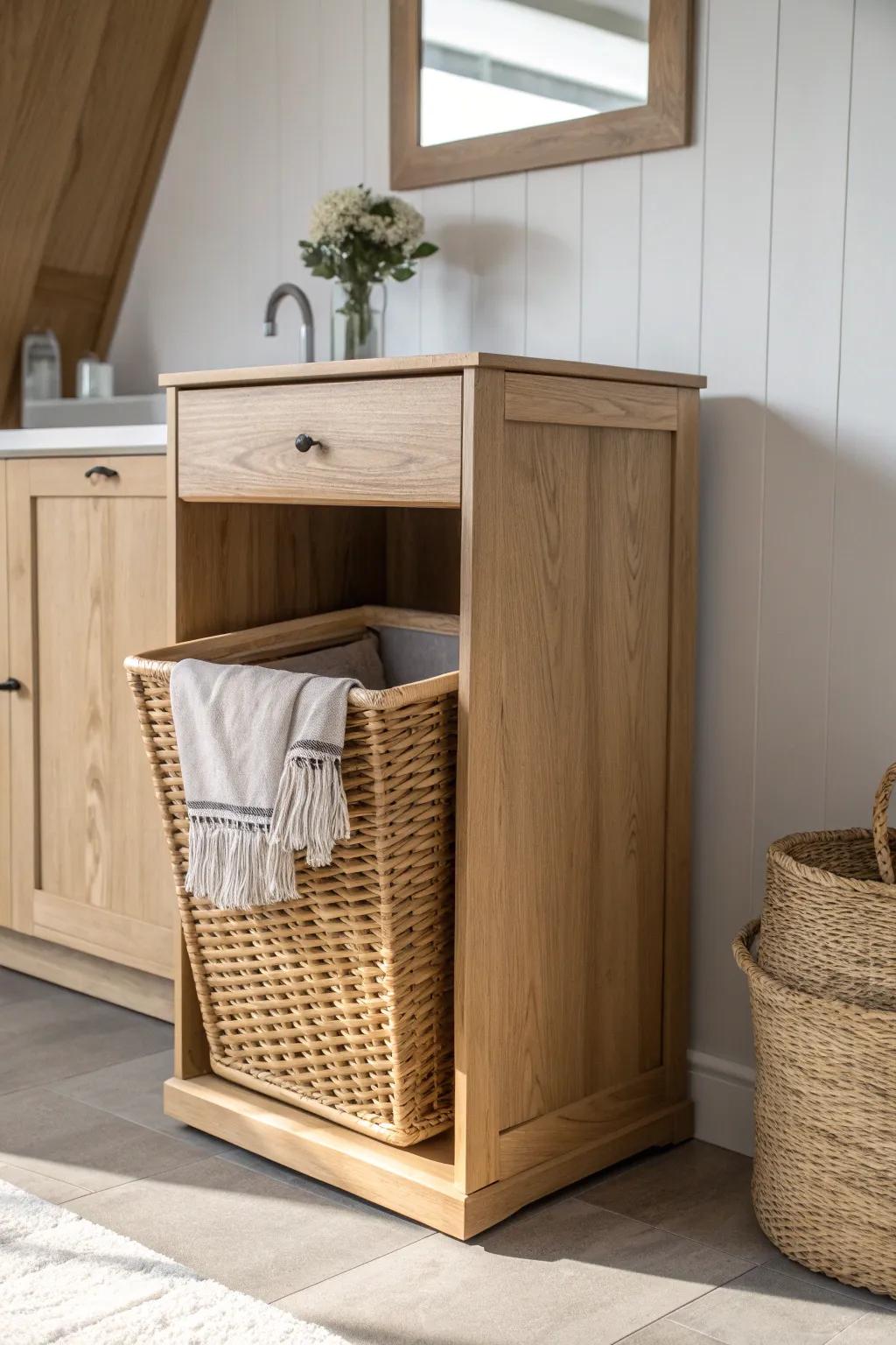 Light oak pull-out hamper cabinet—smooth slide, hidden laundry, and warm Scandinavian calm.