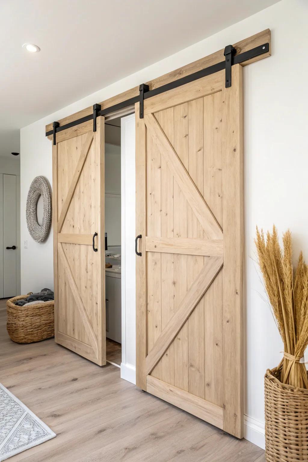 Double sliding barn doors: warm wood texture and sleek black hardware for wider laundry closets.