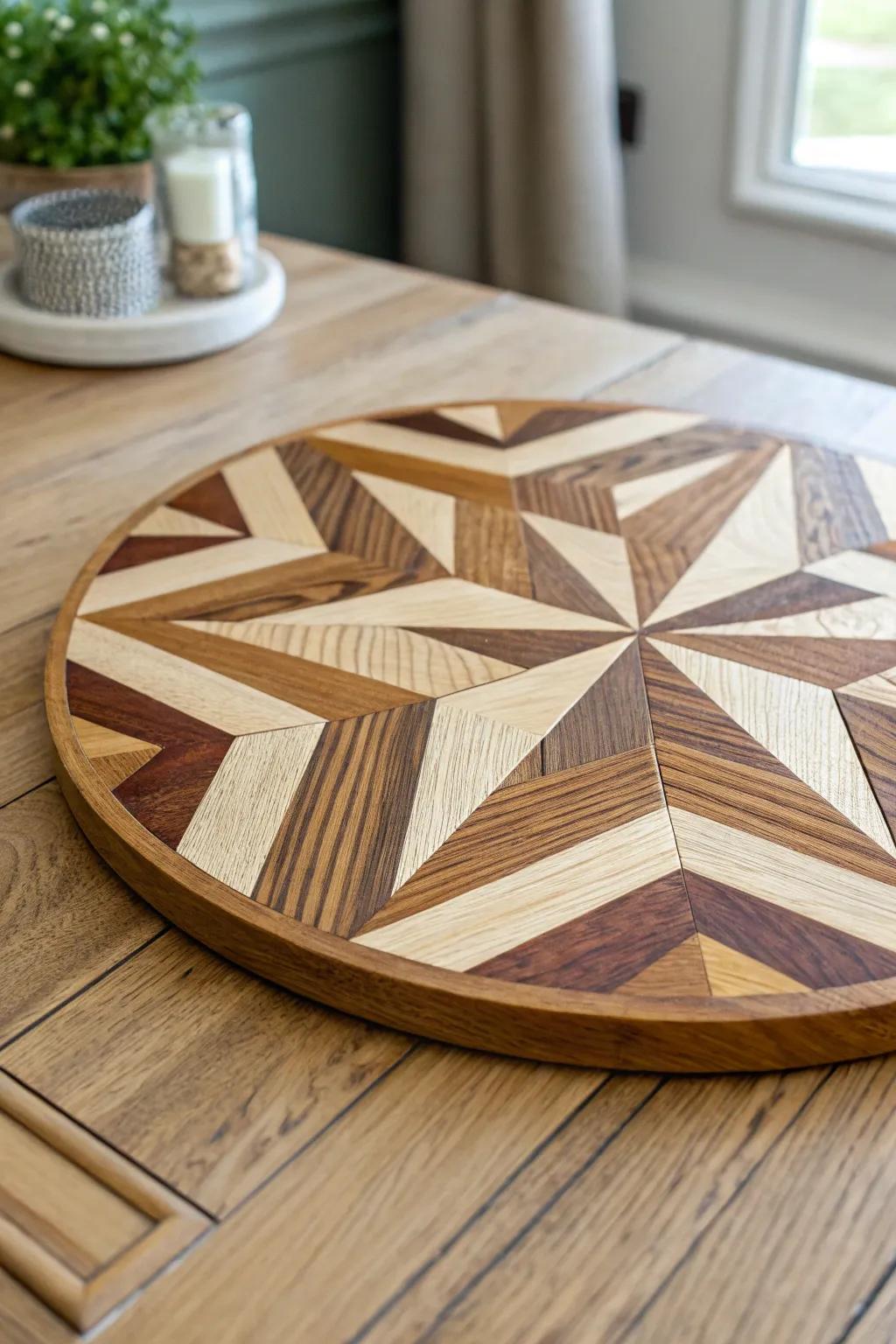 Geometric two-tone stain turns this lazy Susan into functional art—clean lines, warm wood, wow.