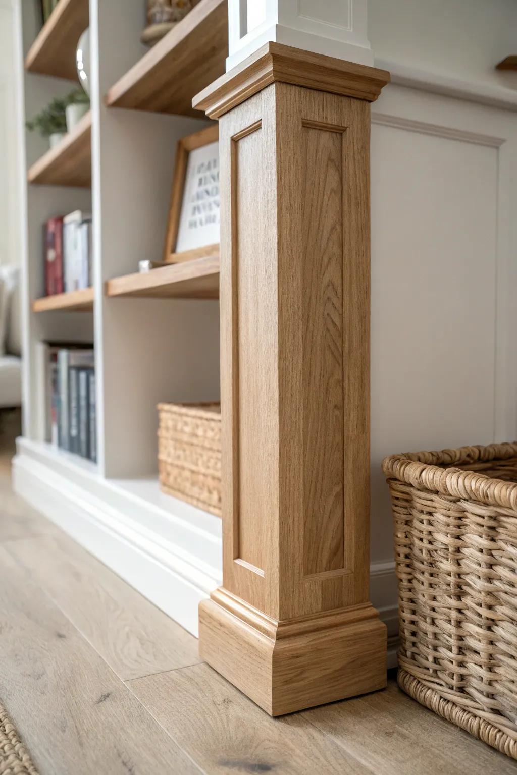 Add pilasters between shelves to break up a long wall and make budget bookcases look built-in.