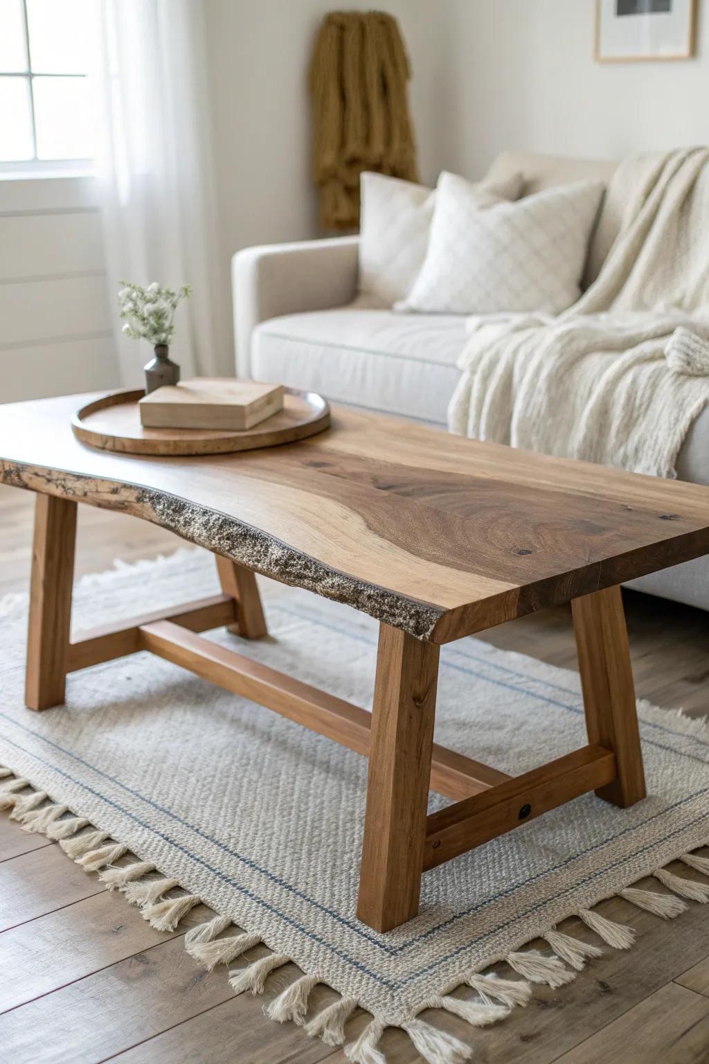 Farmhouse charm, refined: a live edge top paired with a clean trestle base in soft matte wood.
