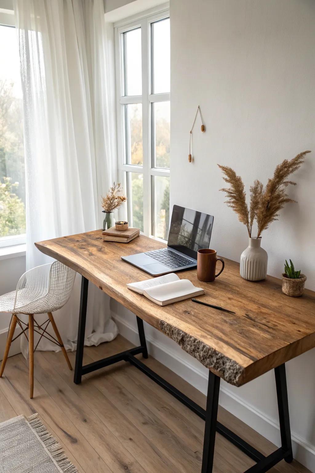 A floating live-edge desk under a sunny window—minimal, airy, and rich with glowing grain.