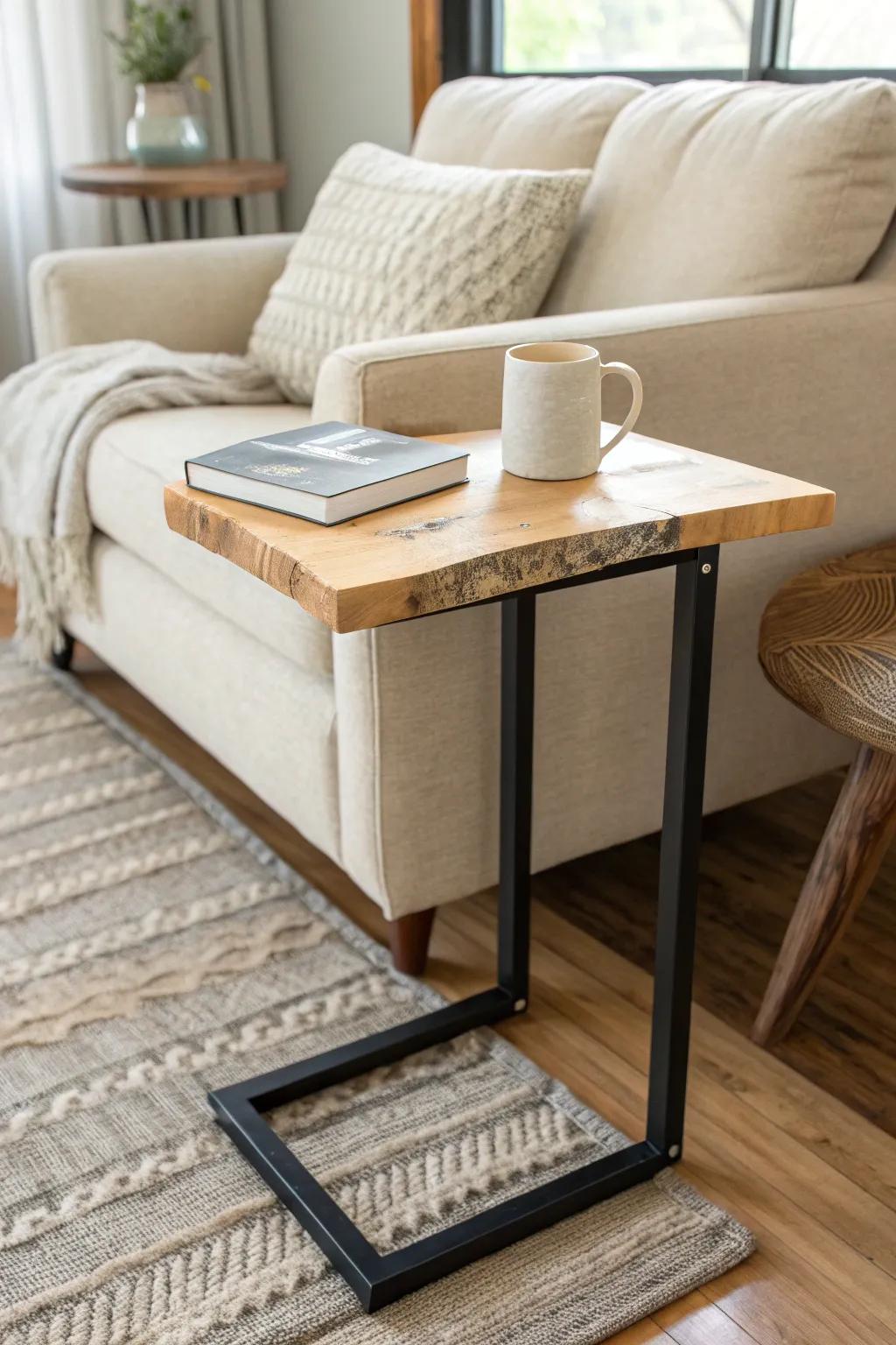 A sleek C-shaped live edge table that slides under the sofa—beautiful, practical, always within reach.