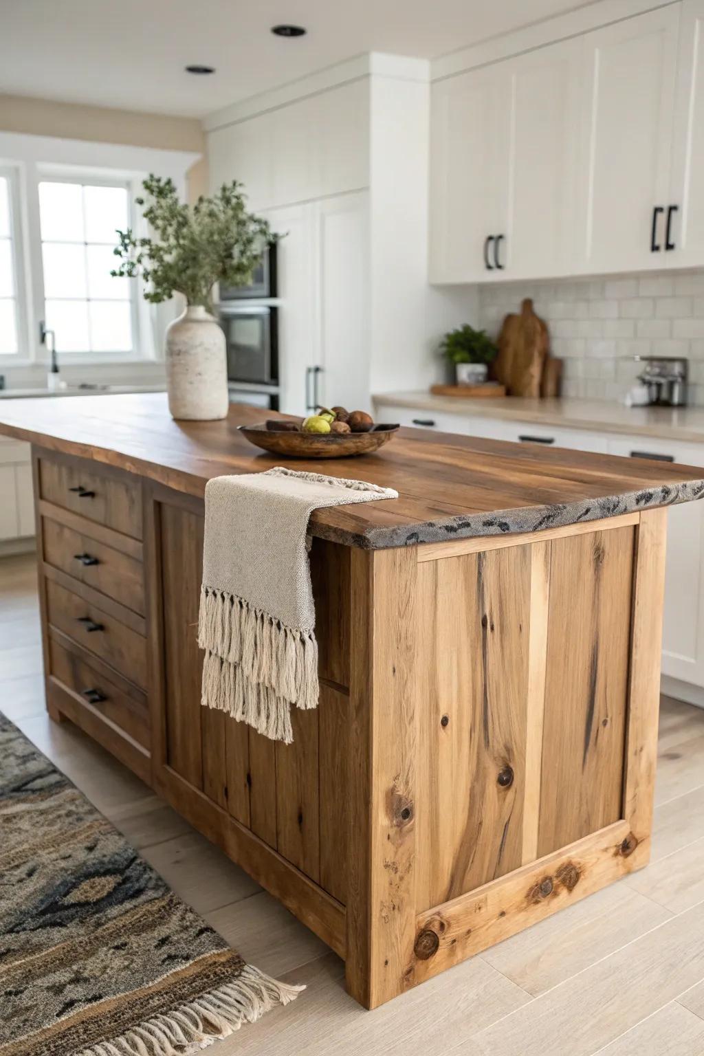 Reclaimed wood cabinet base + a bold live edge top—patina, nail holes, and timeless charm.