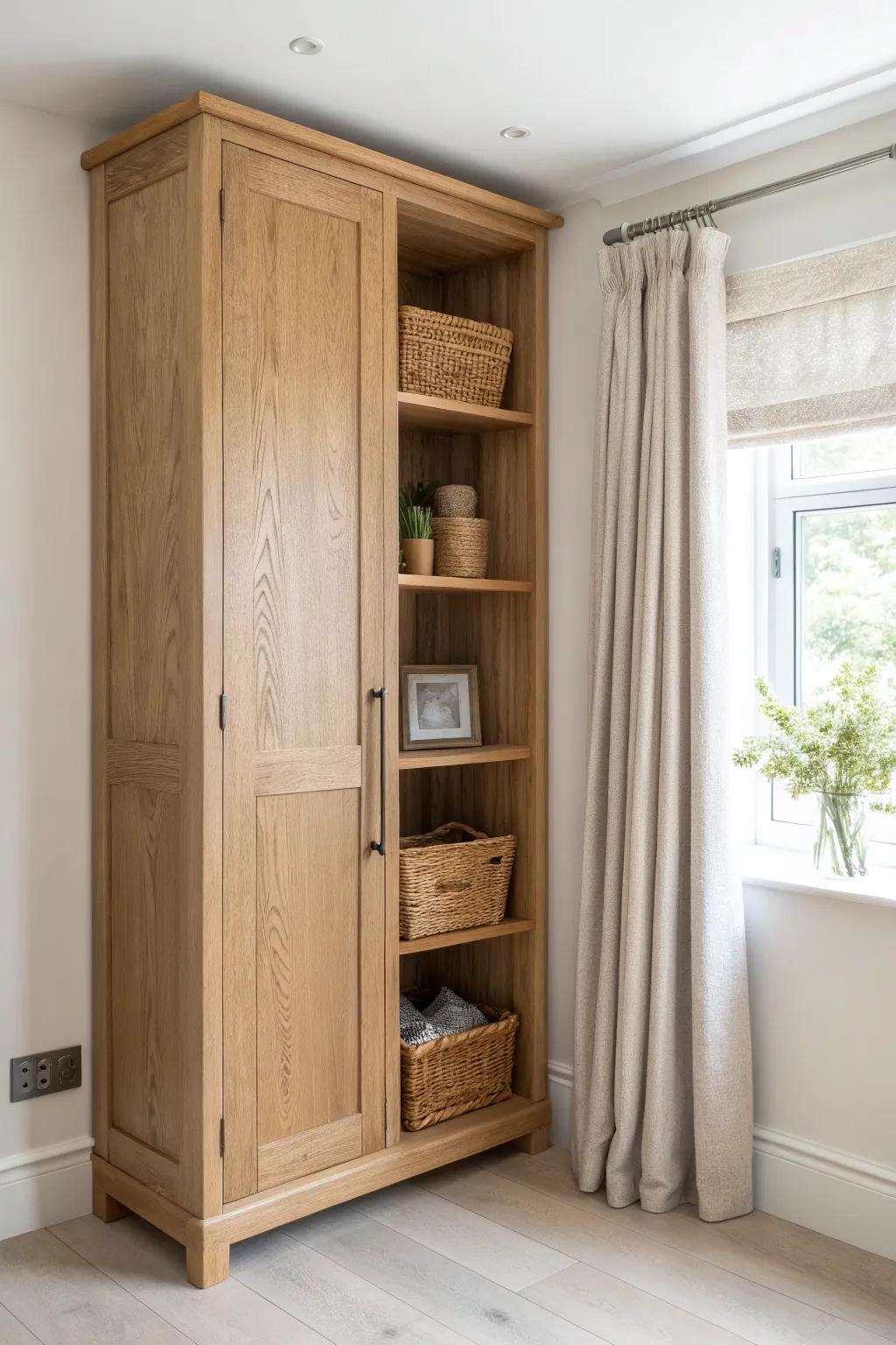 A sleek oak corner closet tower with woven baskets—turns dead space into calm storage.