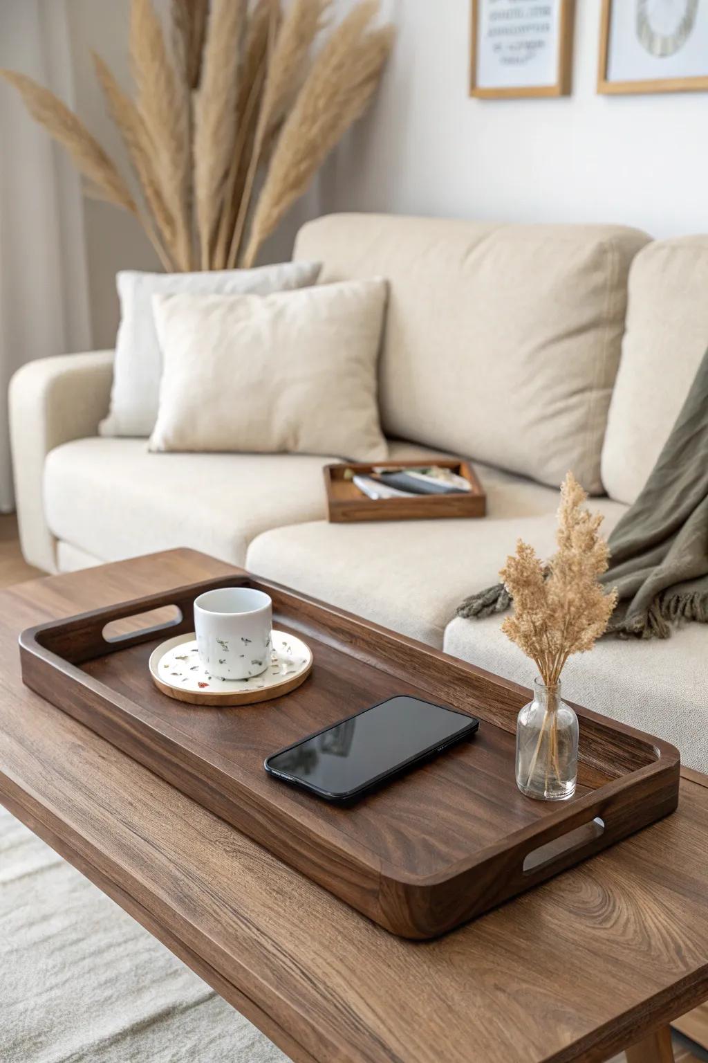 A simple wood tray turns remotes and coasters into intentional, clutter-free sofa table decor.