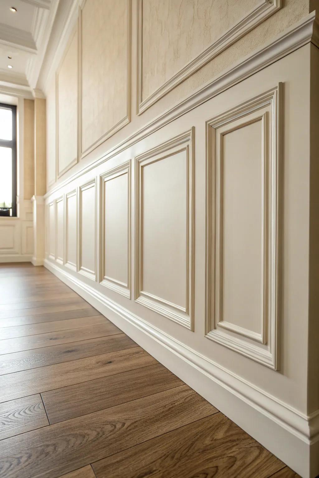 Tone-on-tone wall moulding in warm off-white—quiet luxury texture revealed by soft light.