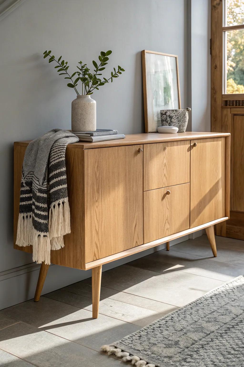 Soft gray walls and cream-gray textiles let an oak sideboard feel calm, warm, and refined.