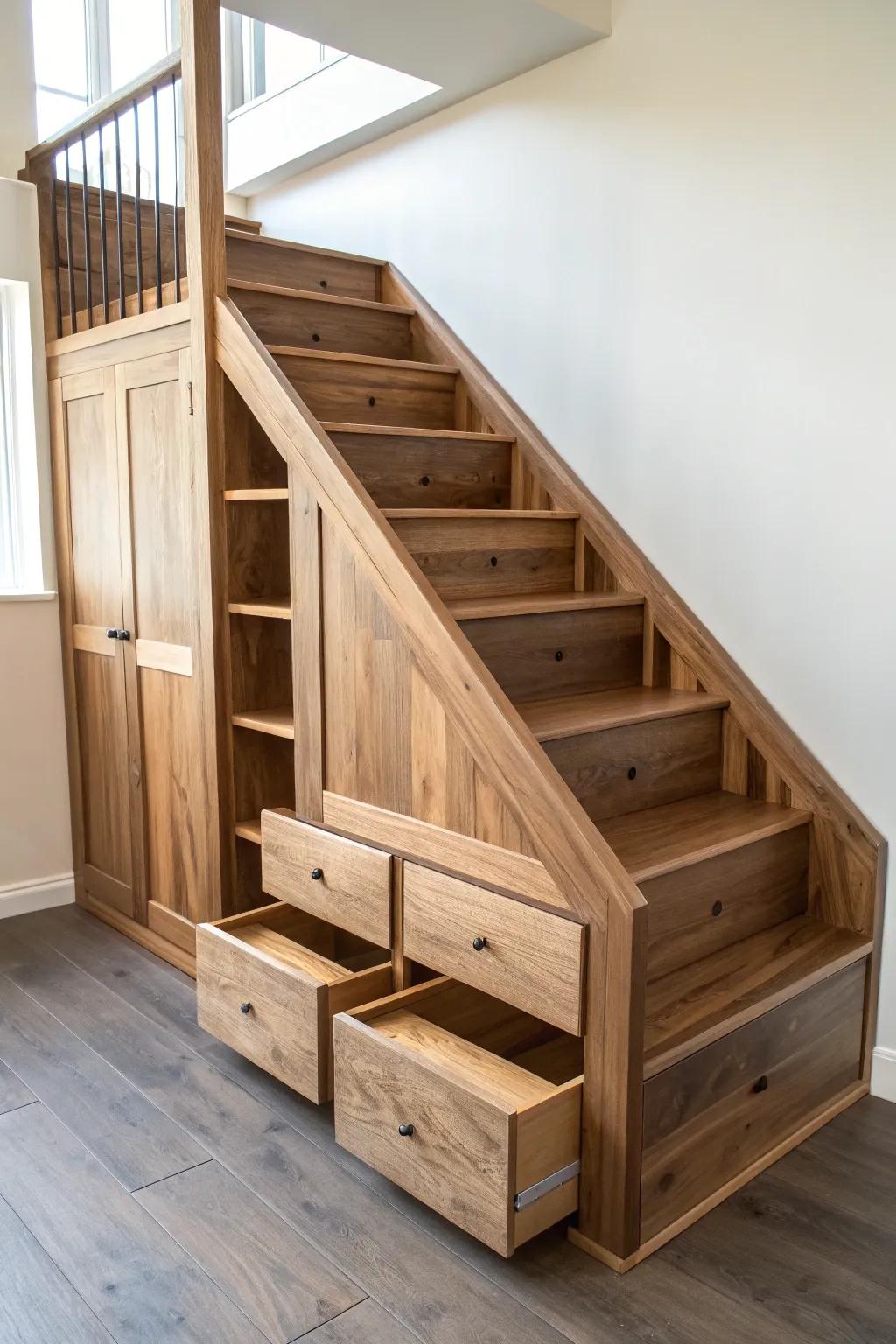 Custom-look loft bed storage stairs—reclaimed wood fronts, hidden drawers, clean Scandinavian lines.