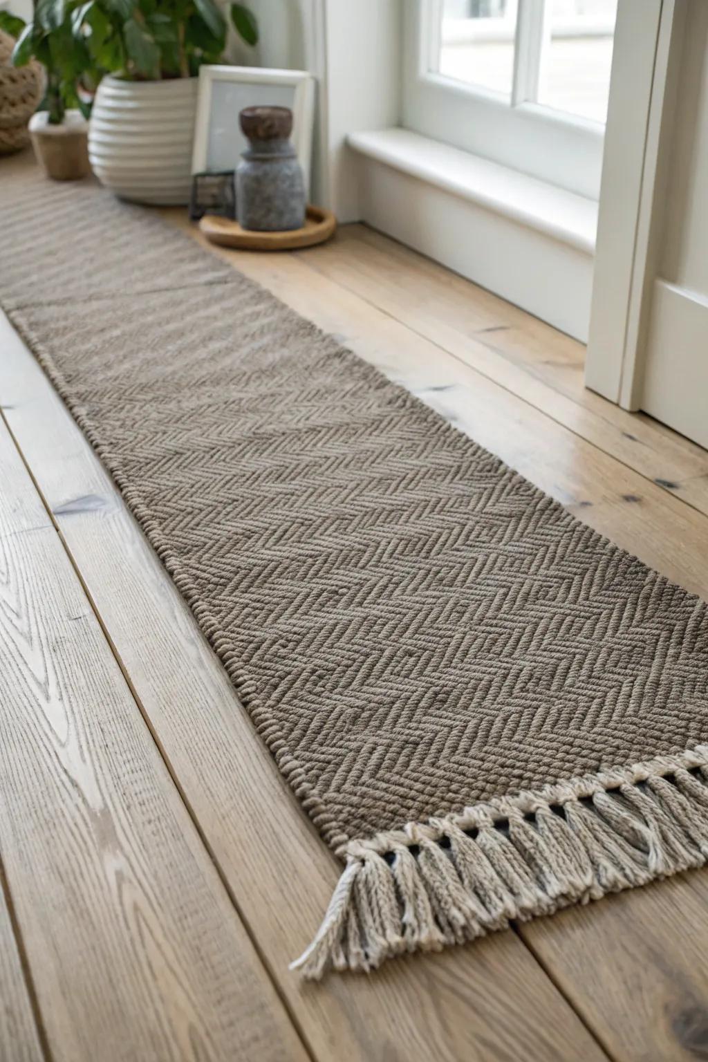 A plush wool runner softens creaky loft boards—warm, quiet comfort with minimalist charm.
