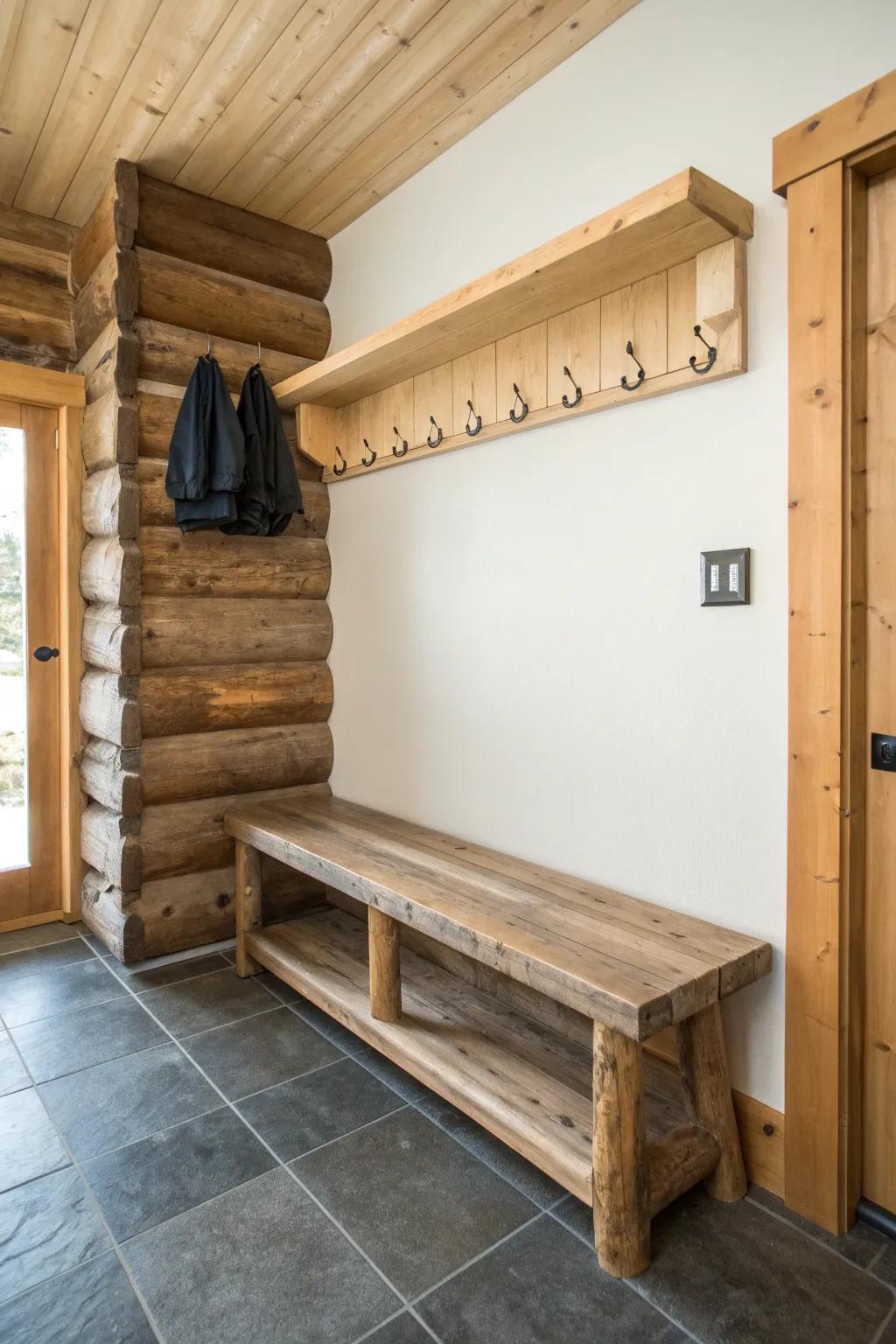 Reclaimed-wood bench with hooks—mudroom bump-out style that keeps cabin entry mess contained.