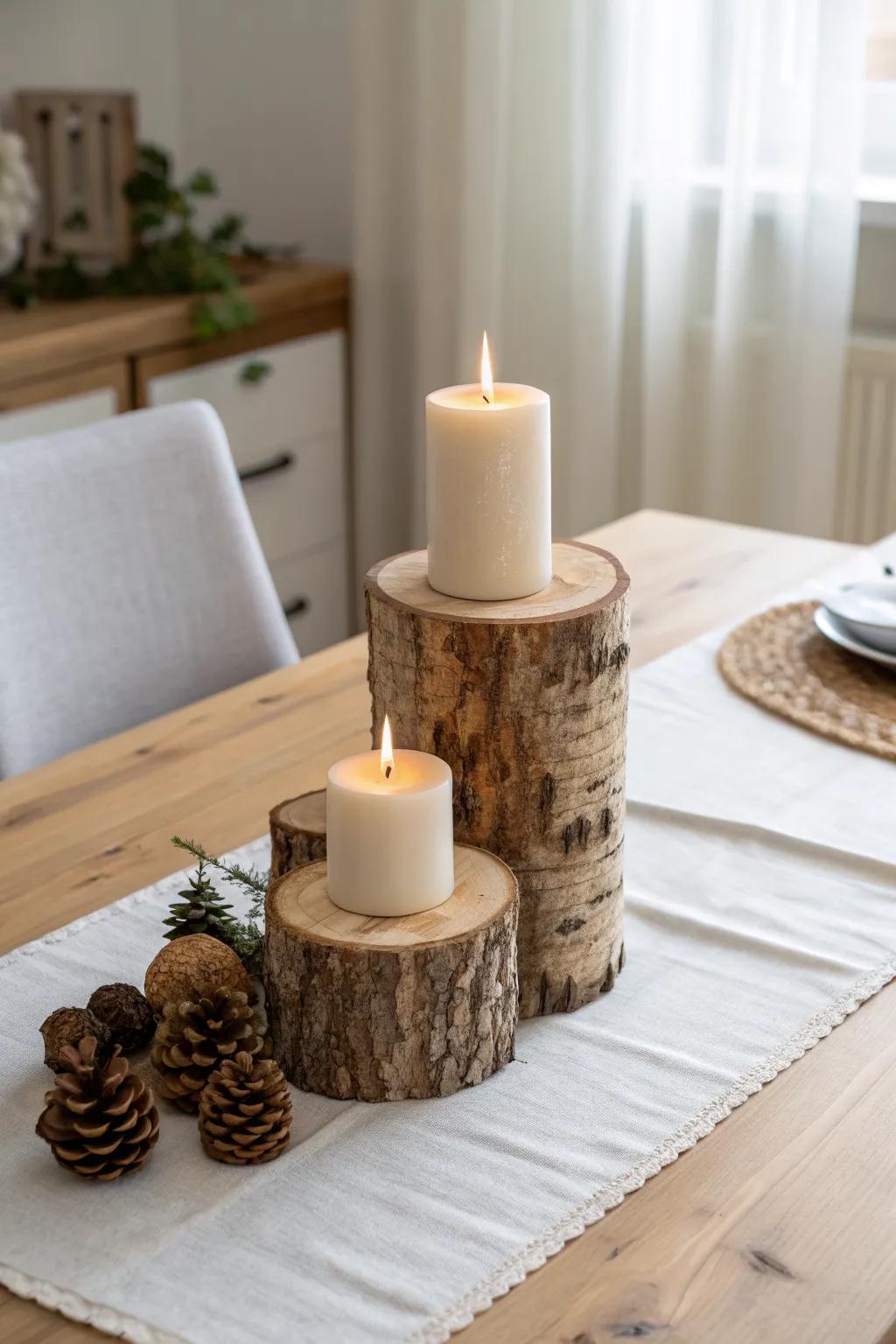 Stump cluster centerpiece with pillar candles and pinecones—rustic warmth in clean Nordic style.