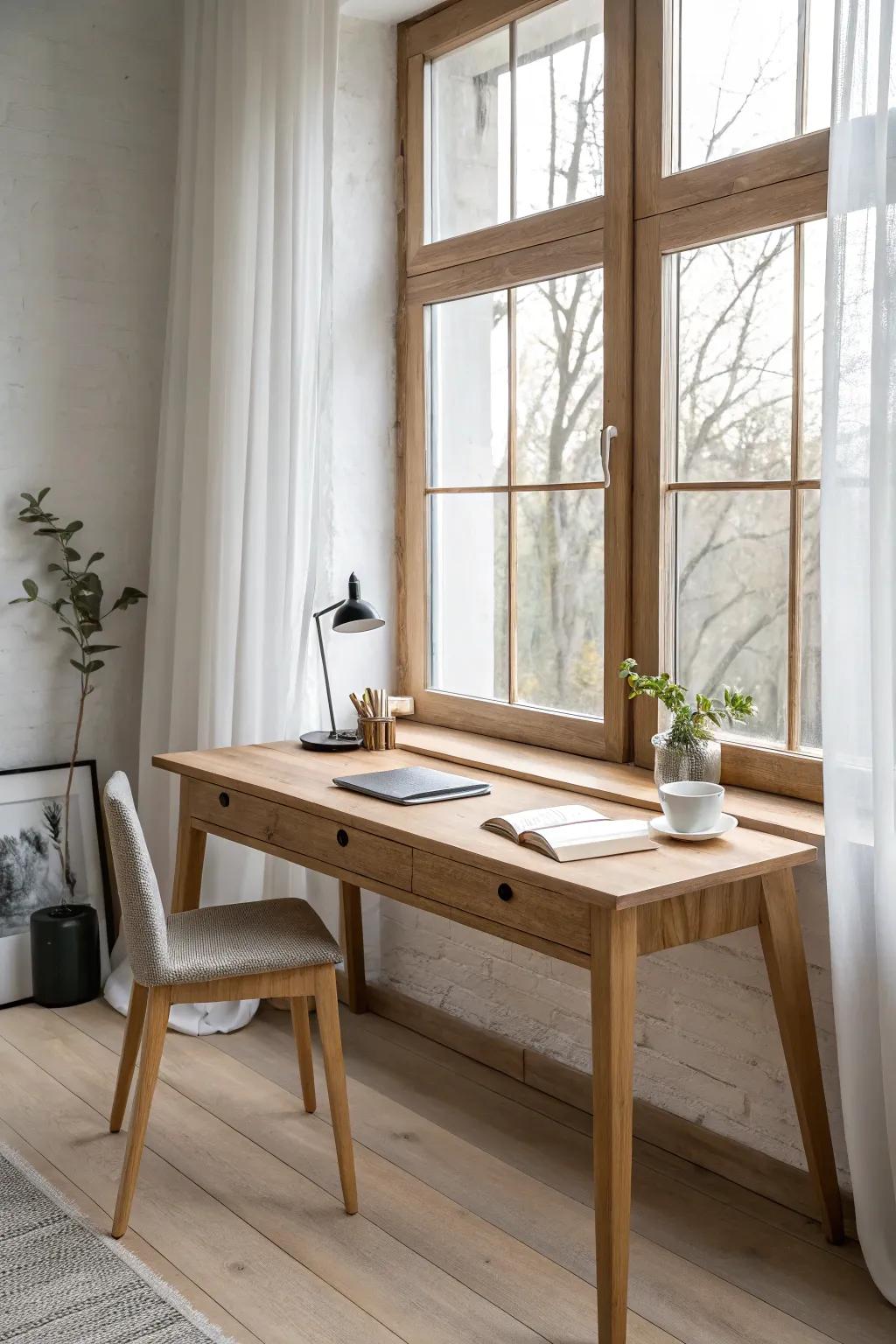 A window-facing long oak desk run—bright, calm, and made for deep-focus afternoons.