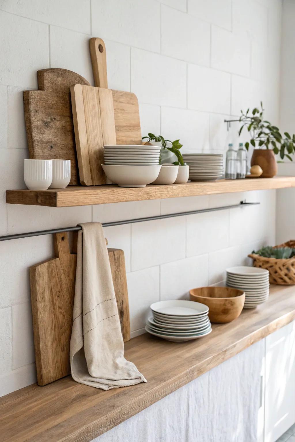 A single long oak shelf keeps everyday dishes close—airy, minimal, and beautifully handmade.