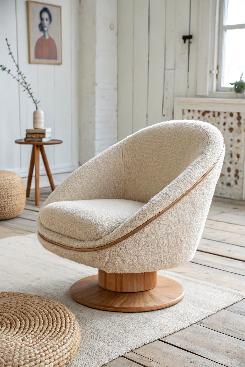 A floating swivel chair moment—soft curves, oak craftsmanship, and effortless lounge flexibility.