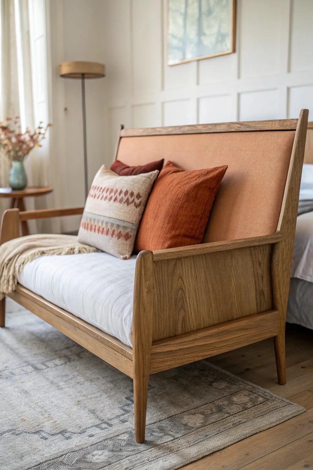 A high-back loveseat at the foot of the bed—handcrafted warmth and real shoulder support.