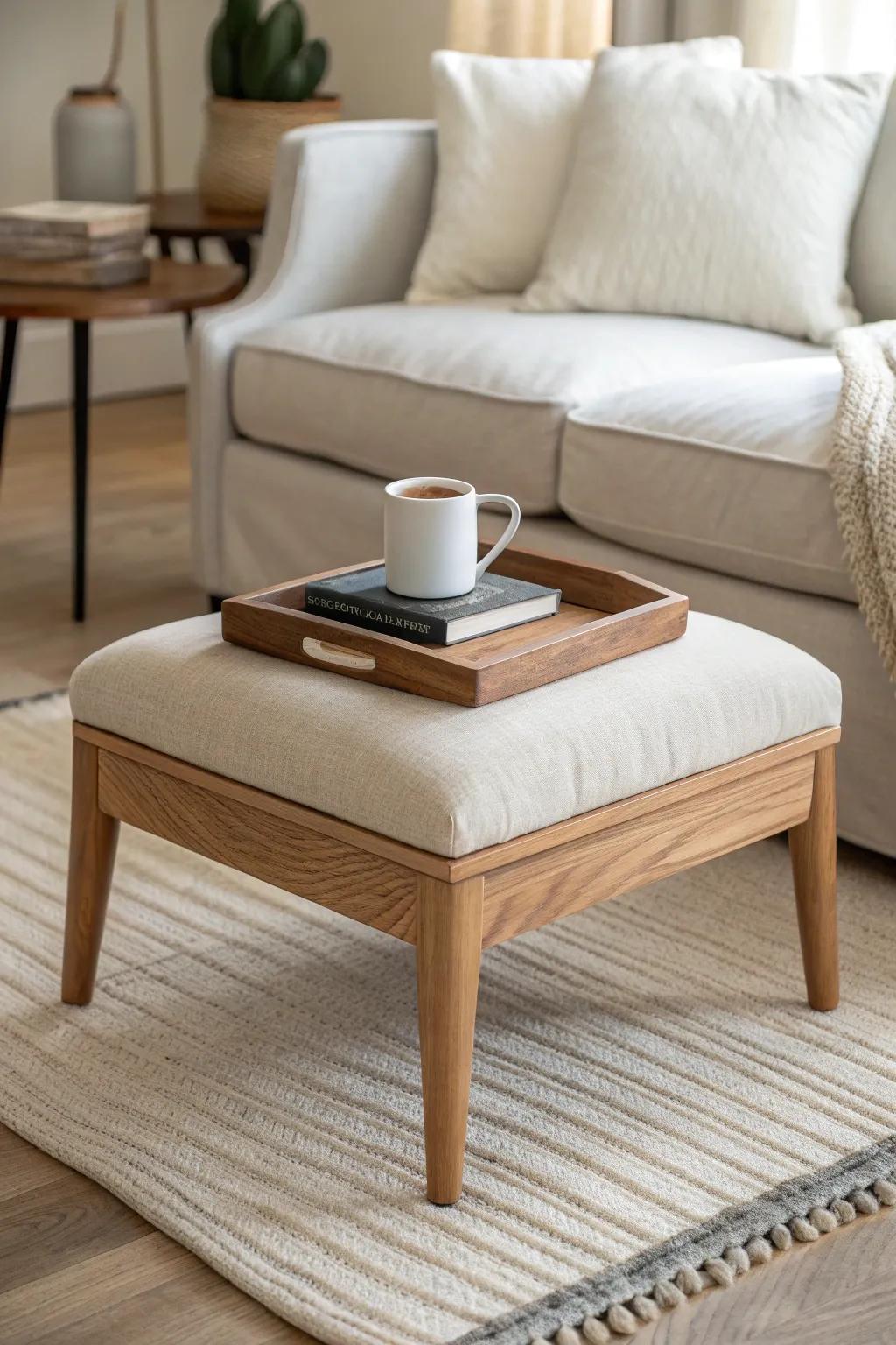 A wood-tray-topped ottoman adds soft lines and doubles as a bedside table in style.