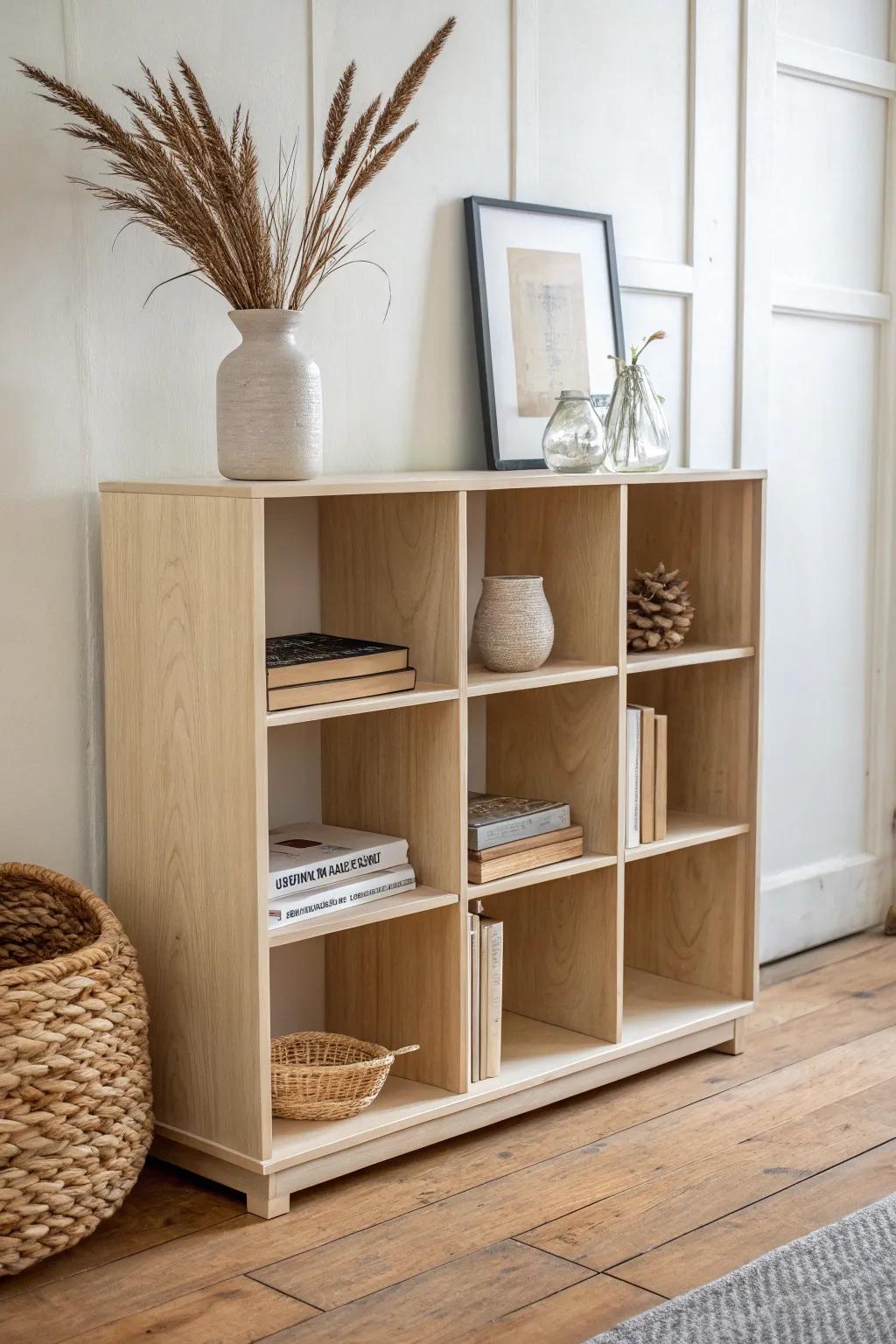 Simple low cubby shelf: neat squares, mixed book styling, and warm plywood craftsmanship.