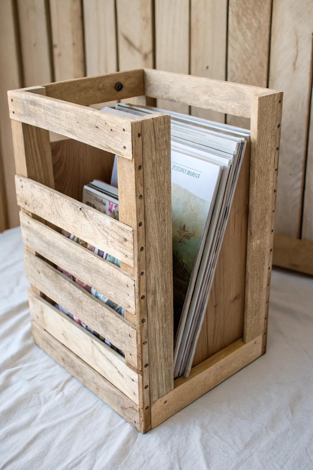 Rustic wooden crate turned magazine cubby—simple, sturdy storage with farmhouse charm.