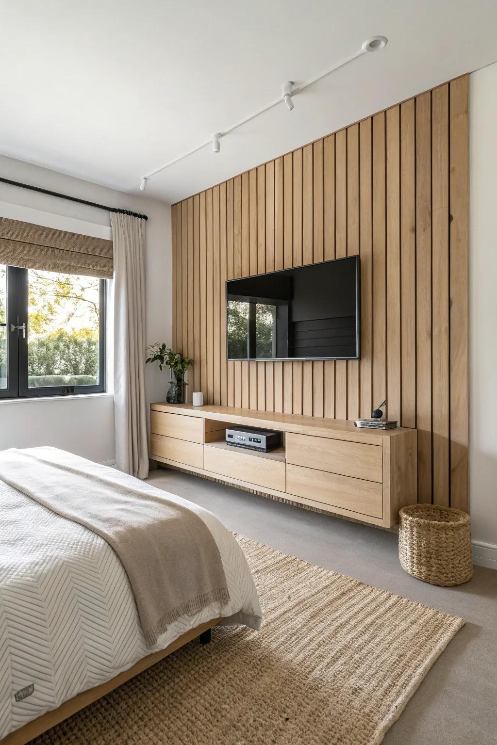 Clean oak media wall with hidden cables—sleek, cozy, and perfect for movie nights in bed.