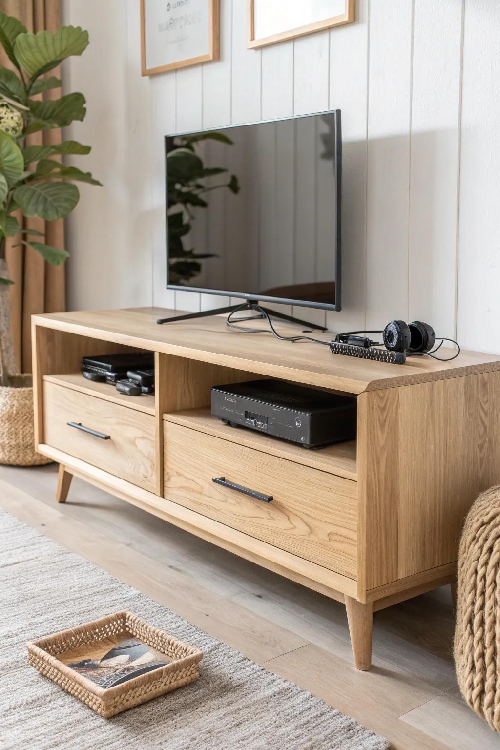 A low oak media console with deep drawers—clean lines outside, tidy tech storage inside.