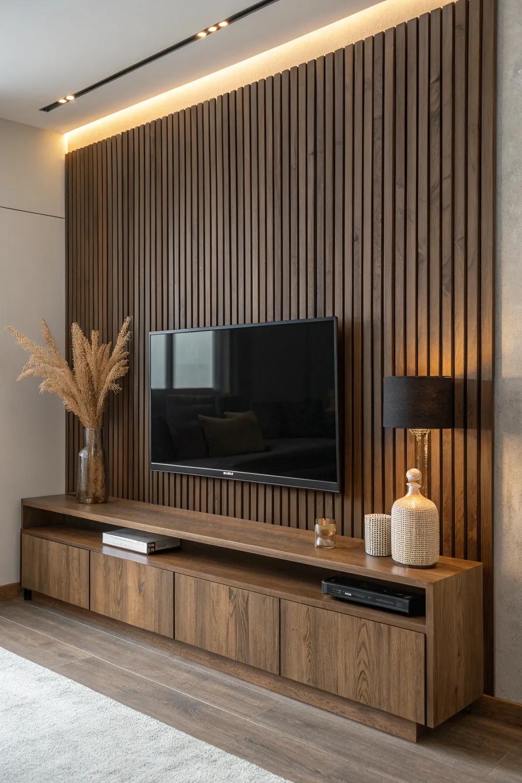 Moody dark-stained wood slats add instant depth—matte finish keeps TV glare beautifully low.