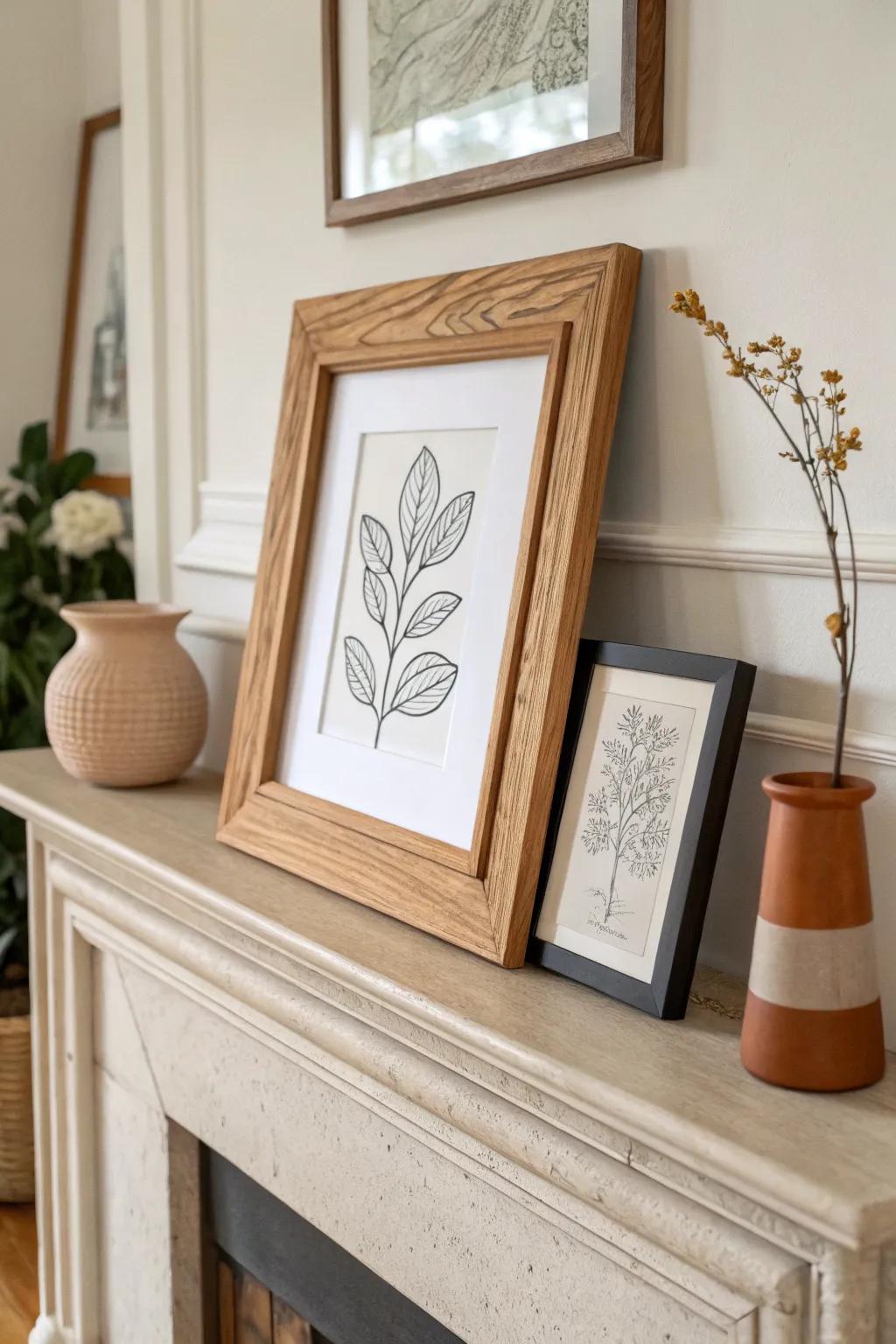 Soft asymmetry on the mantel: one bold frame balanced by a calm trio of accents.